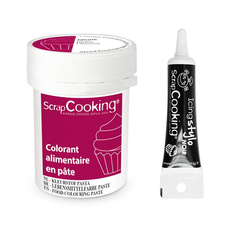 Colorant alimentaire en pâte 20 g Prune + Stylo de glaçage noir Scrapc 
