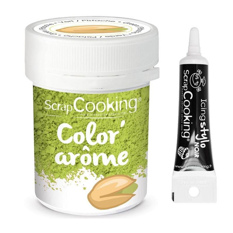 Colorant alimentaire vert arôme pistache 10 g + Stylo glaçage noir Scr 
