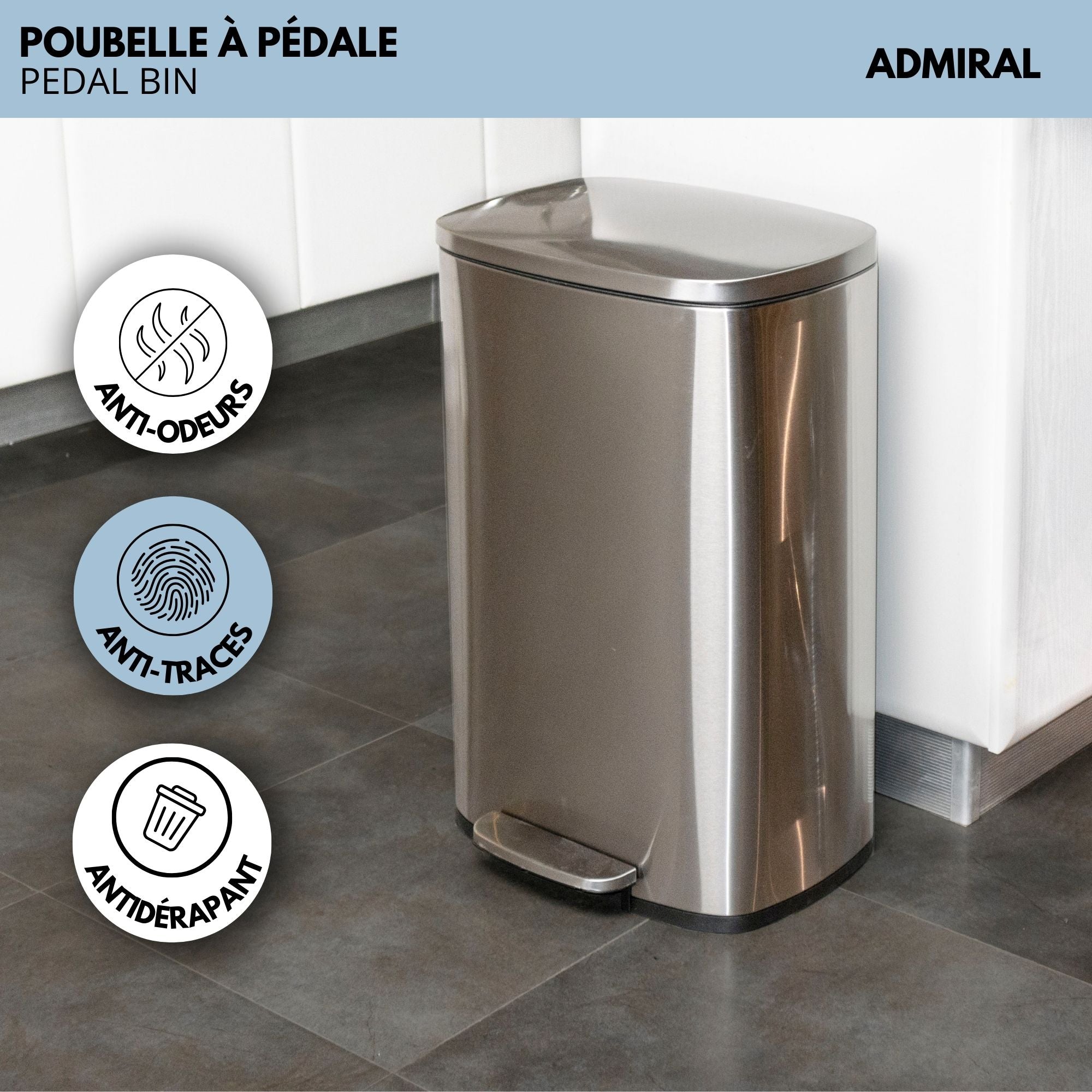 Poubelle de cuisine à pédale 50L Design ADMIRAL en acier Inox brossé avec seau et fermeture douce Kitchen Move - Mathon - 6