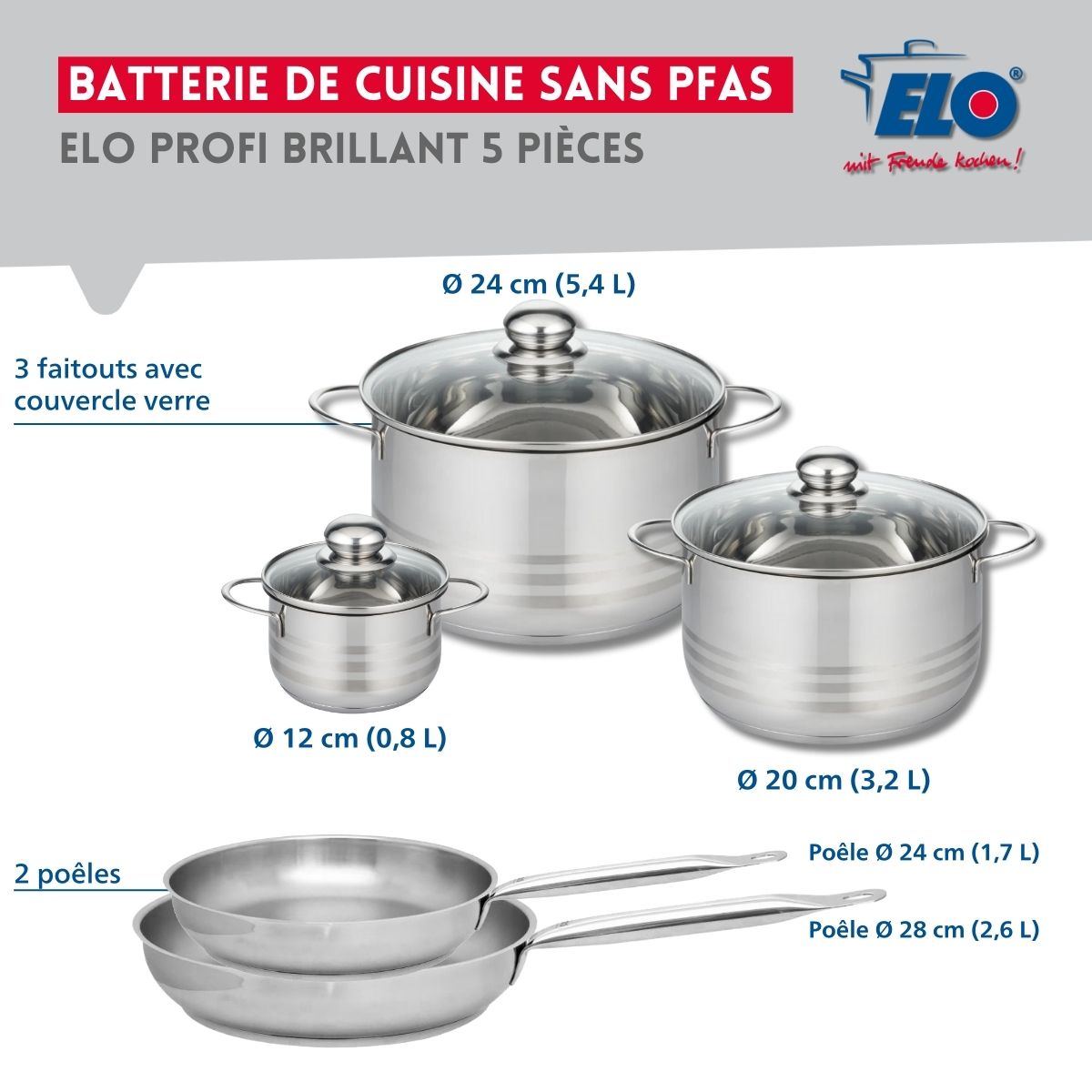 Ensemble de 2 Poêles de cuisson 24 et 28 cm et 3 faitouts 12, 20 et 24 cm  Profi Brillant Elo - Mathon - 2