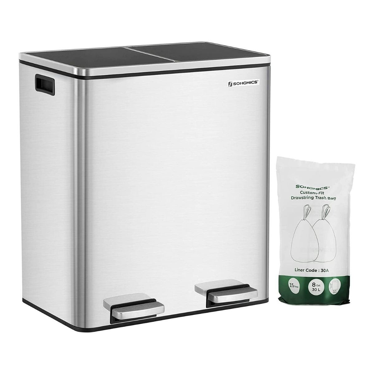 Poubelle de tri 2 bacs de 30L à pédale gris argenté Calicosy - Mathon - 1