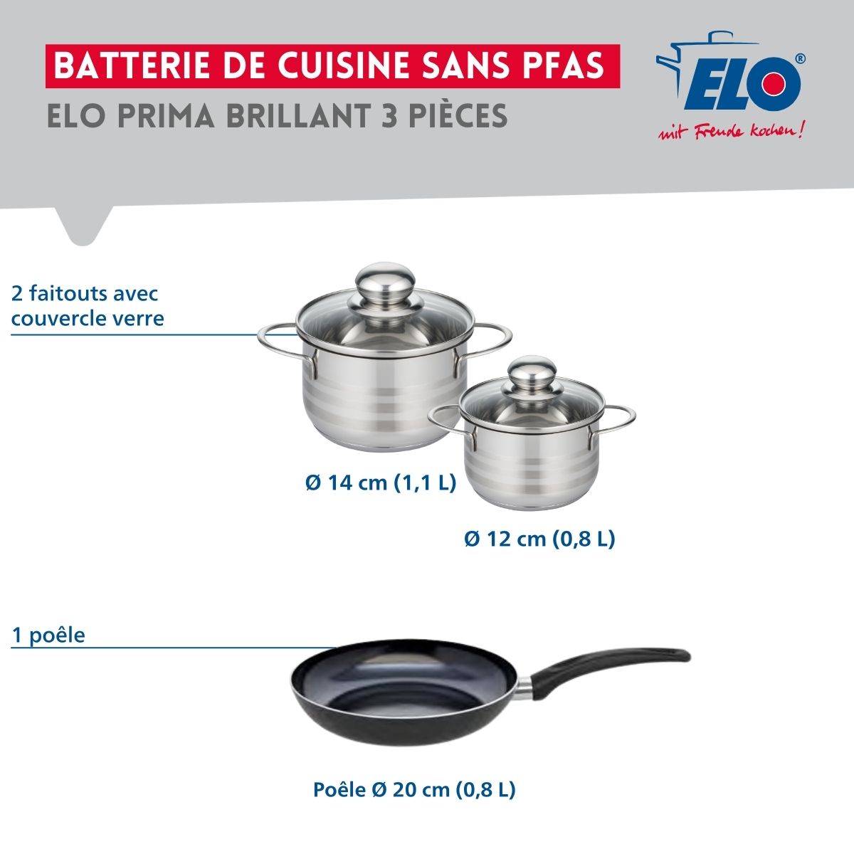 Ensemble de 1 Poêle de cuisson 20 cm et 2 faitouts 12 et 14 cm  Prima Brillant Elo - Mathon - 2