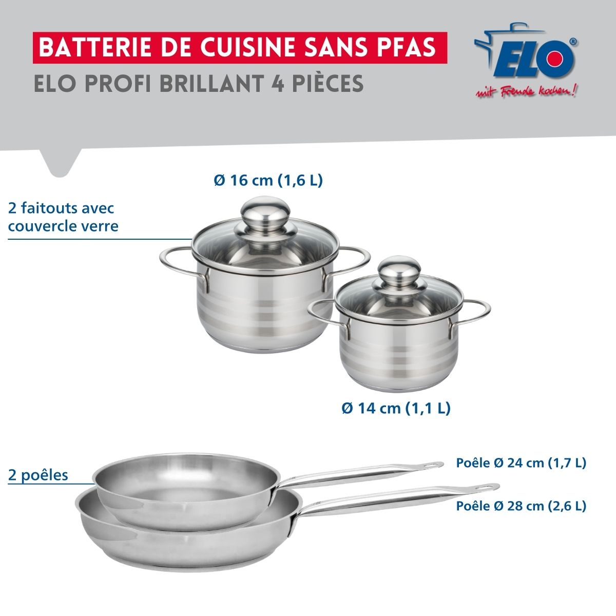 Ensemble de 2 Poêles de cuisson 24 et 28 cm et 2 faitouts 14 et 16 cm  Profi Brillant Elo - Mathon - 2