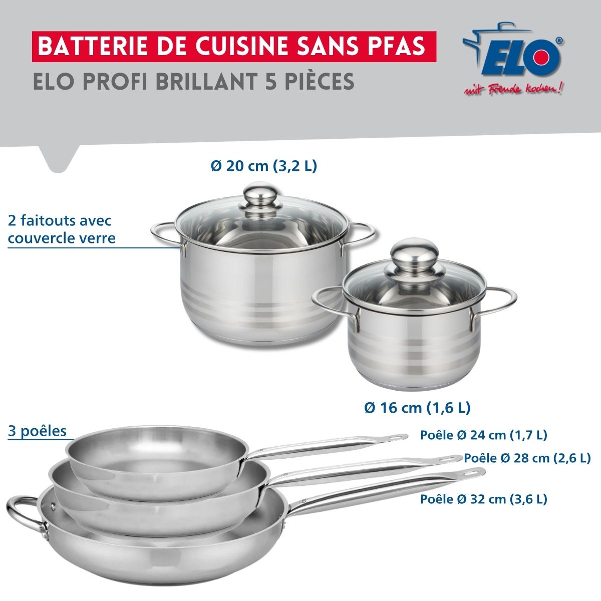 Ensemble de 3 Poêles de cuisson 24, 28 et 32 cm et 2 faitouts 16 et 20 cm  Profi Brillant Elo - Mathon - 2