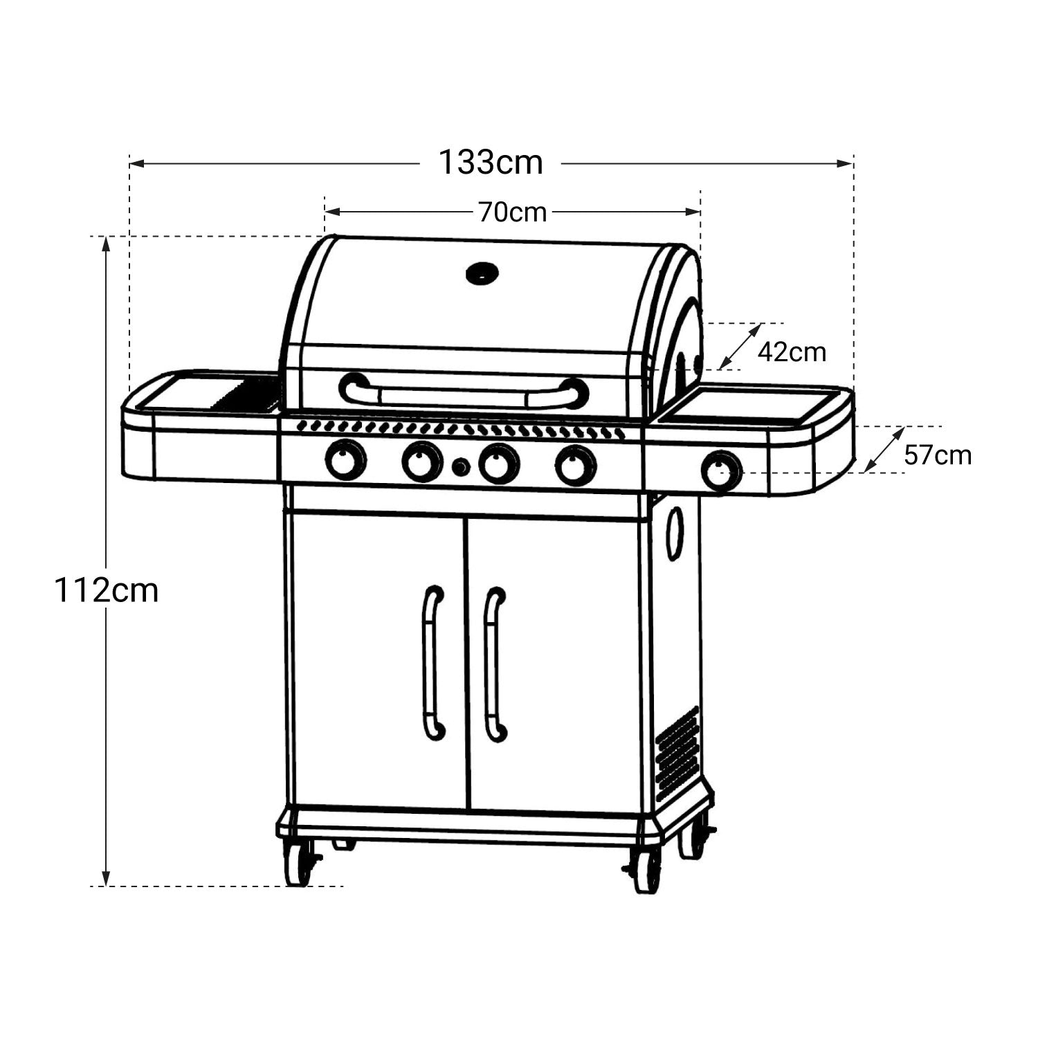 Barbecue au gaz FIDGI 4 avec thermomètre - 4 brûleurs + réchaud 14,5kW Cook