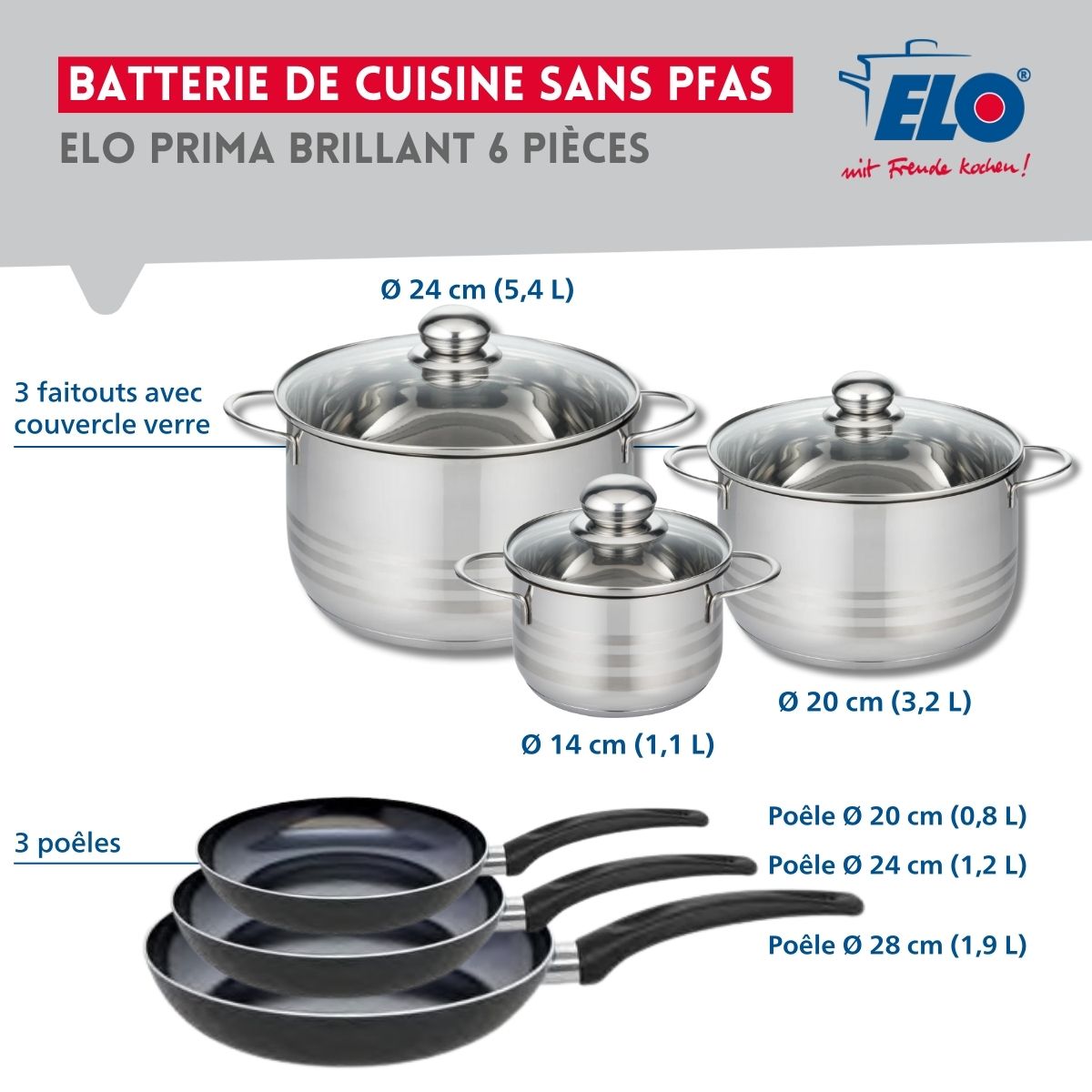 Ensemble de 3 Poêles de cuisson 20, 24 et 28 cm et 3 faitouts 14, 20 et 24 cm  Prima Brillant Elo - Mathon - 2