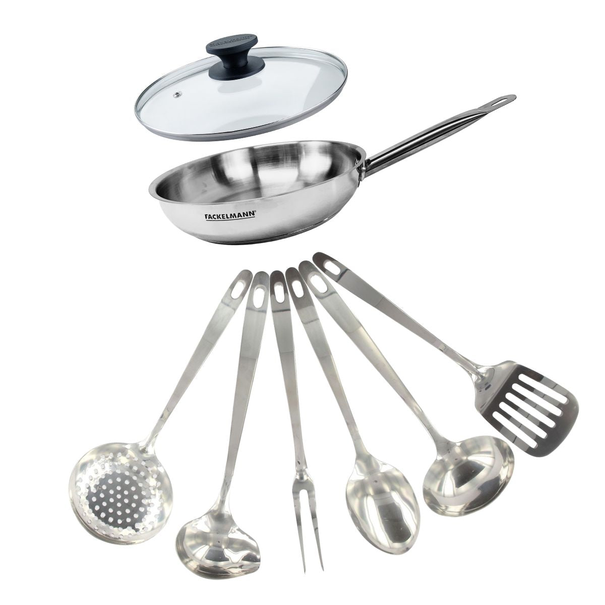 Set poêle 24 cm en inox, couvercle verre et 6 ustensiles inox  Eterna Fackelmann - Mathon - 1