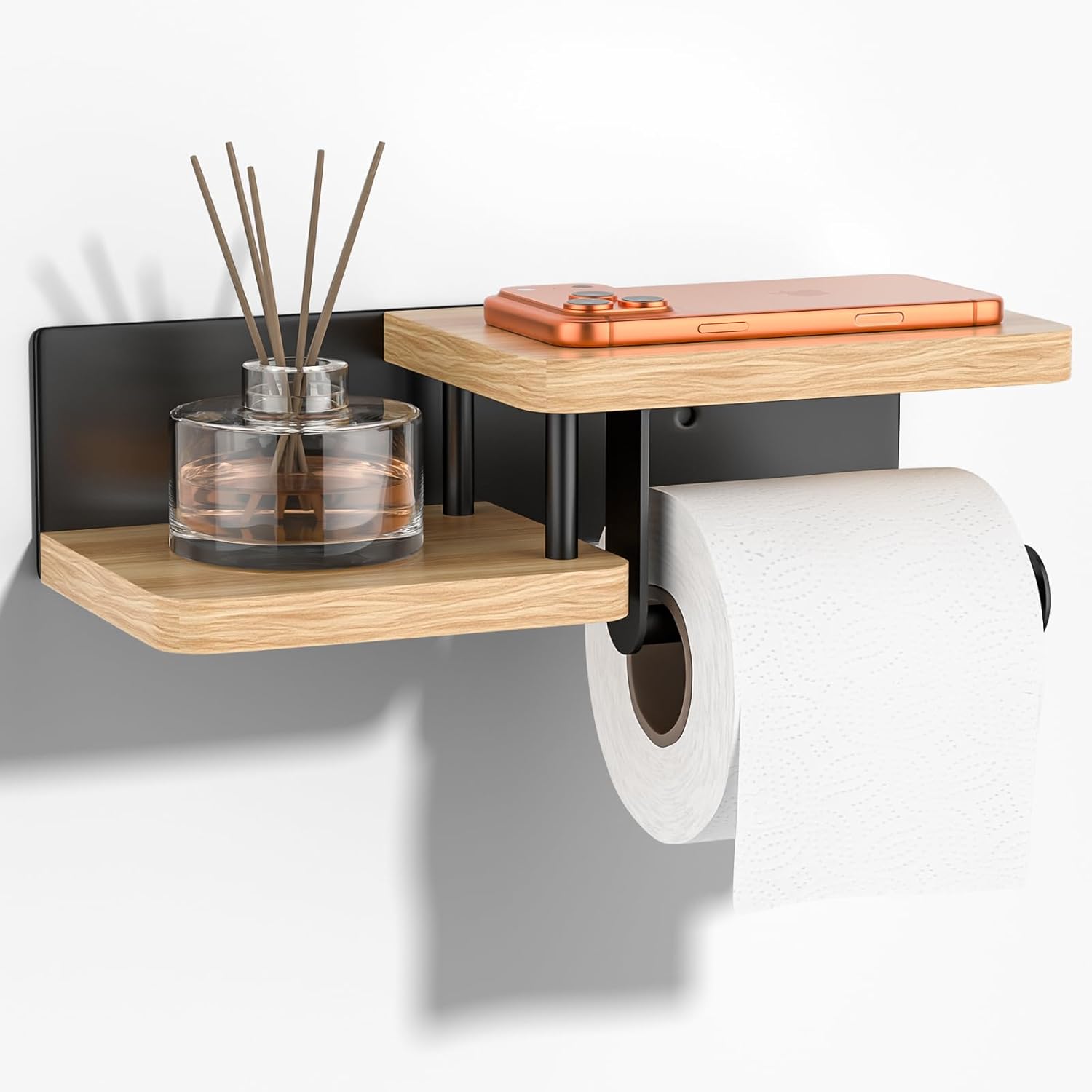 Porte-papier hygiénique mural noir avec étagère en bambou Vendos85 - Mathon