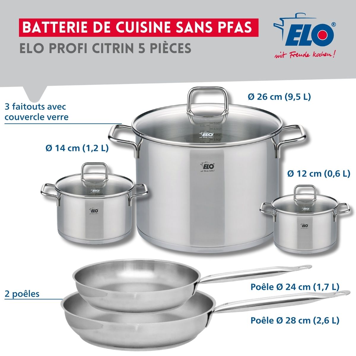 Set de 2 Poêles de cuisson 24 et 28 cm et 3 faitouts 12, 14 et 26 cm  Profi Citrin Elo - Mathon - 2