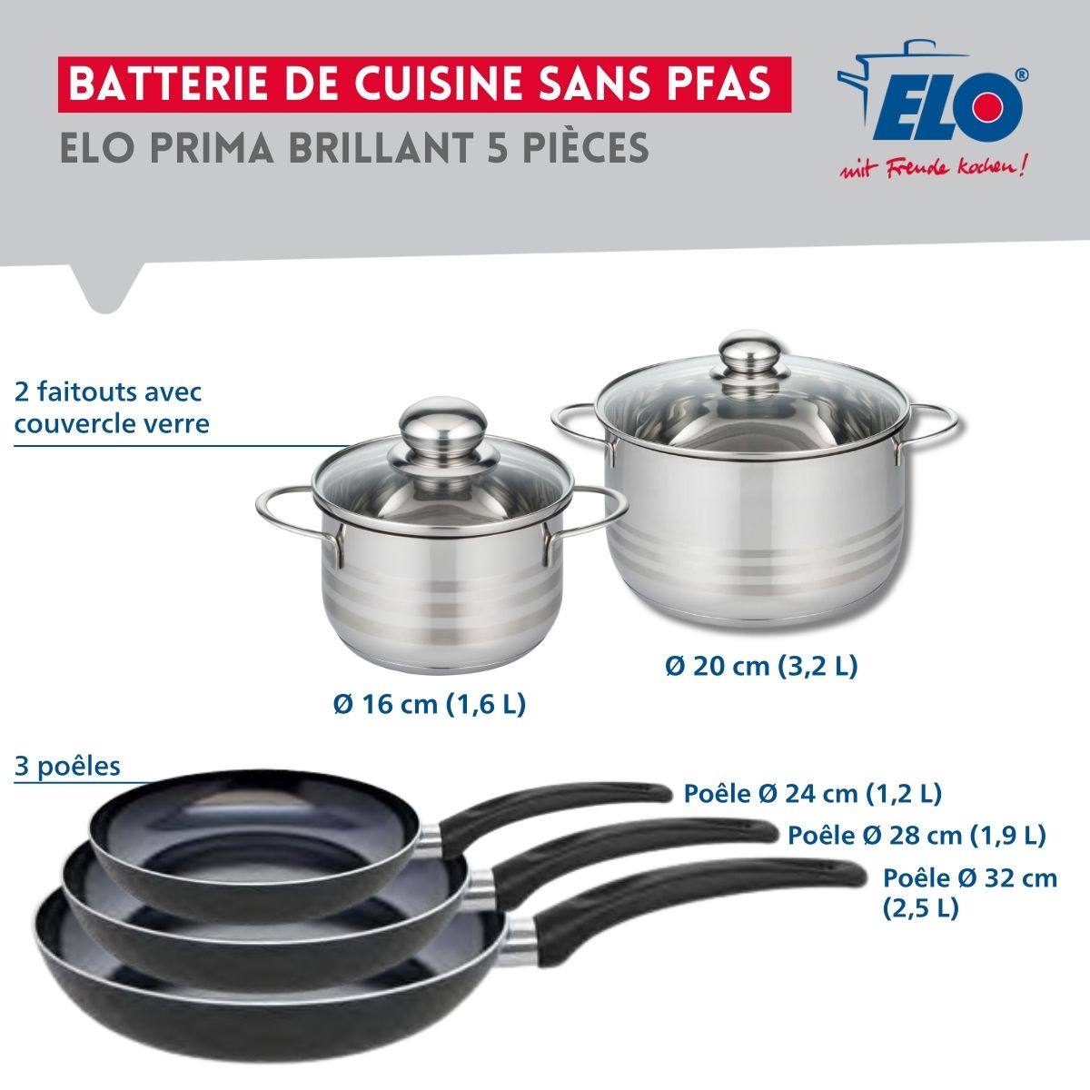 Ensemble de 3 Poêles de cuisson 24, 28 et 32 cm et 2 faitouts 16 et 20 cm  Prima Brillant Elo - Mathon - 2