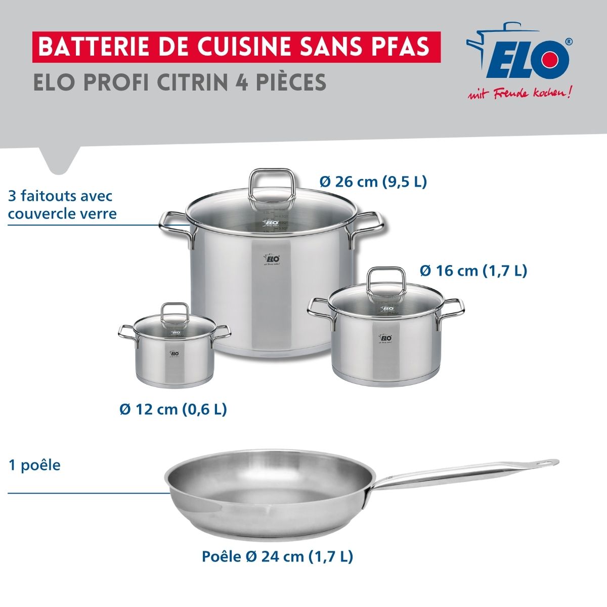Ensemble de 1 Poêle de cuisson 24 cm et 3 faitouts 12, 16 et 26 cm  Profi Citrin Elo - Mathon - 2