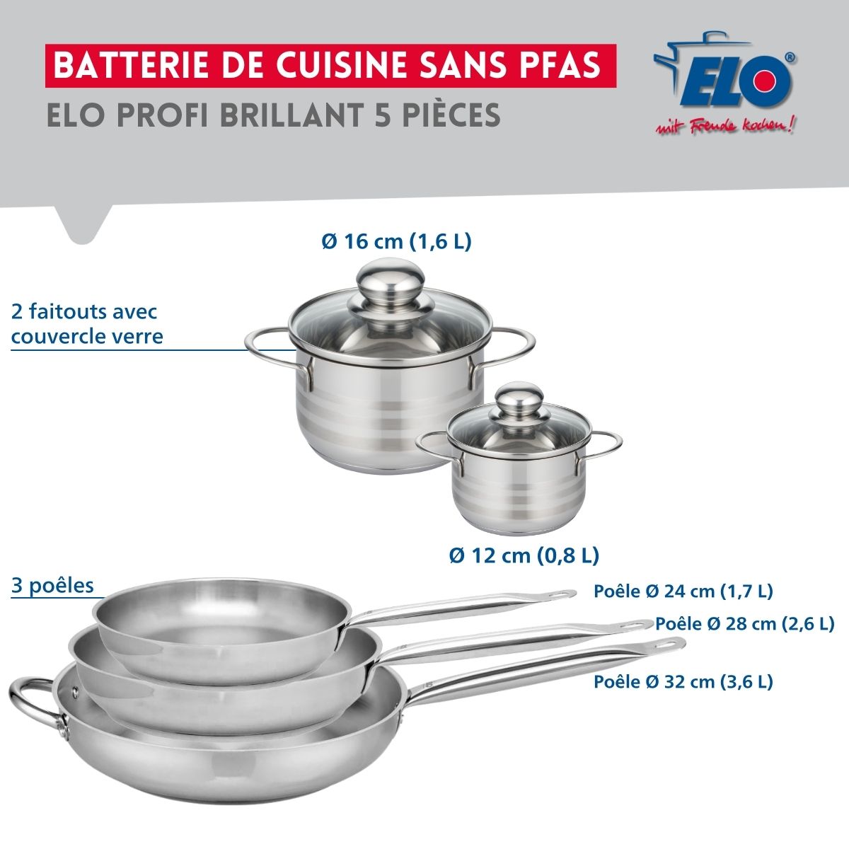 Ensemble de 3 Poêles de cuisson 24, 28 et 32 cm et 2 faitouts 12 et 16 cm  Profi Brillant Elo - Mathon - 2