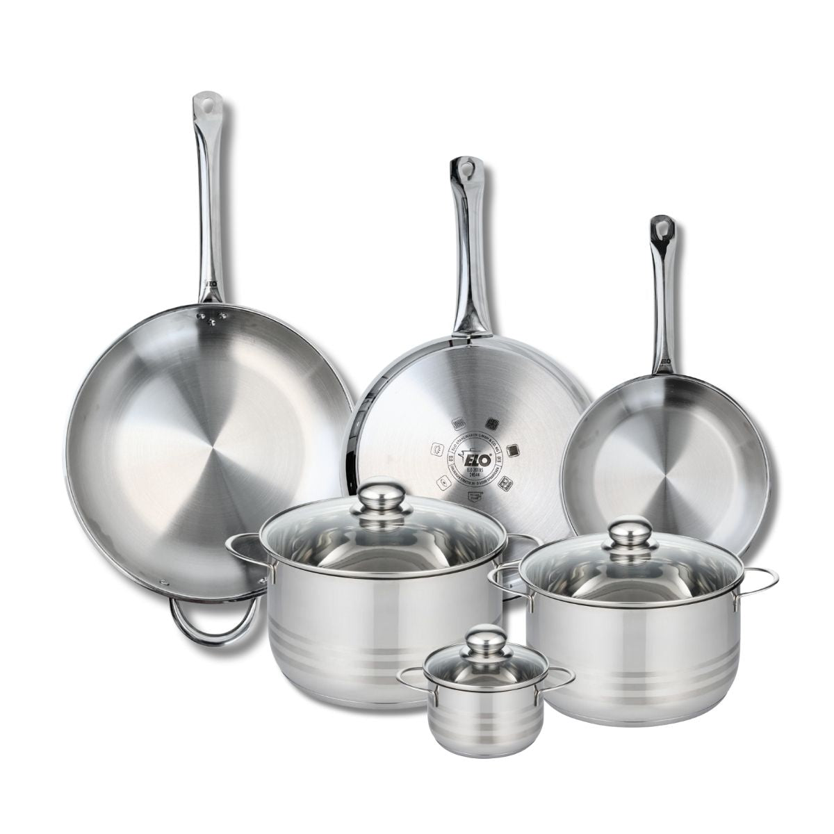 Ensemble de 3 Poêles de cuisson 24, 28 et 32 cm et 3 faitouts 12, 20 et 24 cm  Profi Brillant Elo - Mathon - 1