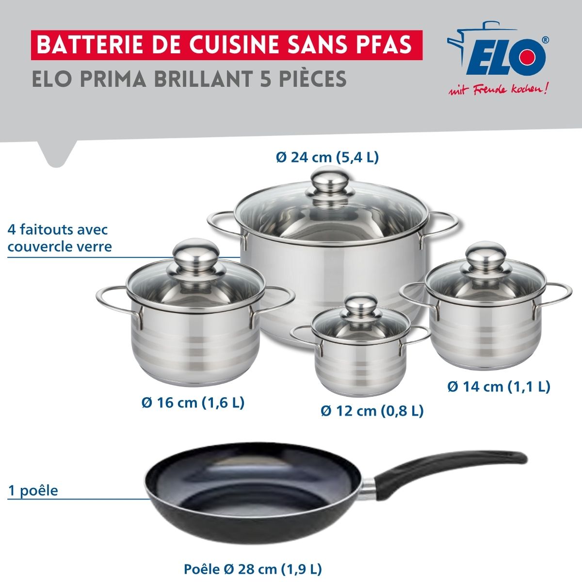 Ensemble de 1 Poêle de cuisson 28 cm et 4 faitouts 12, 14, 16 et 24 cm  Prima Brillant Elo - Mathon - 2