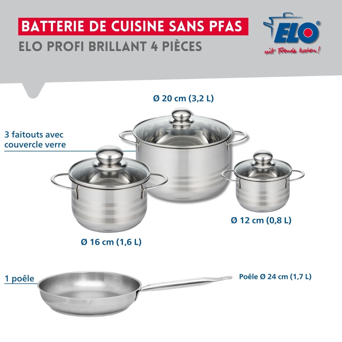 Ensemble de 1 Poêle de cuisson 24 cm et 3 faitouts 12, 16 et 20 cm  Profi Brillant Elo - Mathon - 2