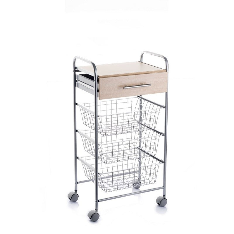 Desserte de cuisine alesia – 3 paniers, tiroir et plateau hêtre – gris aluminium Don Hierro - Mathon - 1