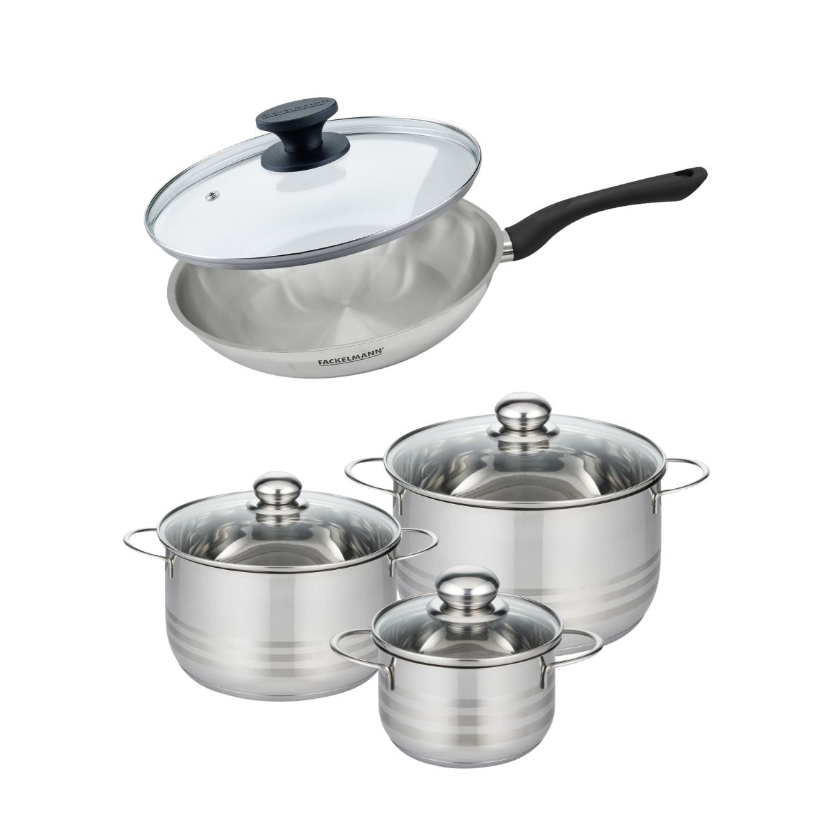 Set de 1 poêle 28 cm en inox et couvercle, 3 faitouts inox 16, 20 et 24 cm  Geneva Fackelmann - Mathon - 1