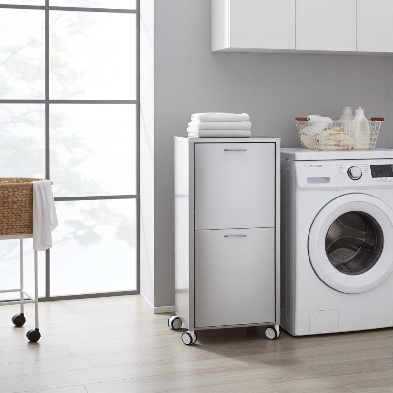 Panier à linge en acier inoxydable avec 2 compartiments à basculement, sur roues, tango Don Hierro - Mathon - 6