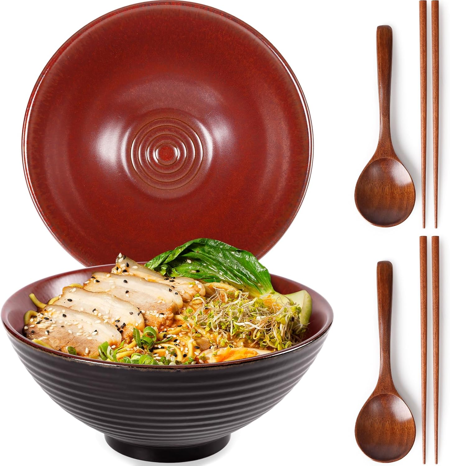 Bol à ramen japonais 1200 ml en céramique artisanale agate rouge Vendos85 - Mathon