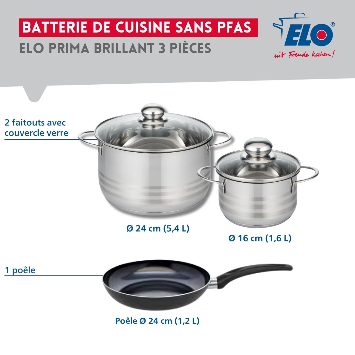 Ensemble de 1 Poêle de cuisson 24 cm et 2 faitouts 16 et 24 cm  Prima Brillant Elo - Mathon - 2