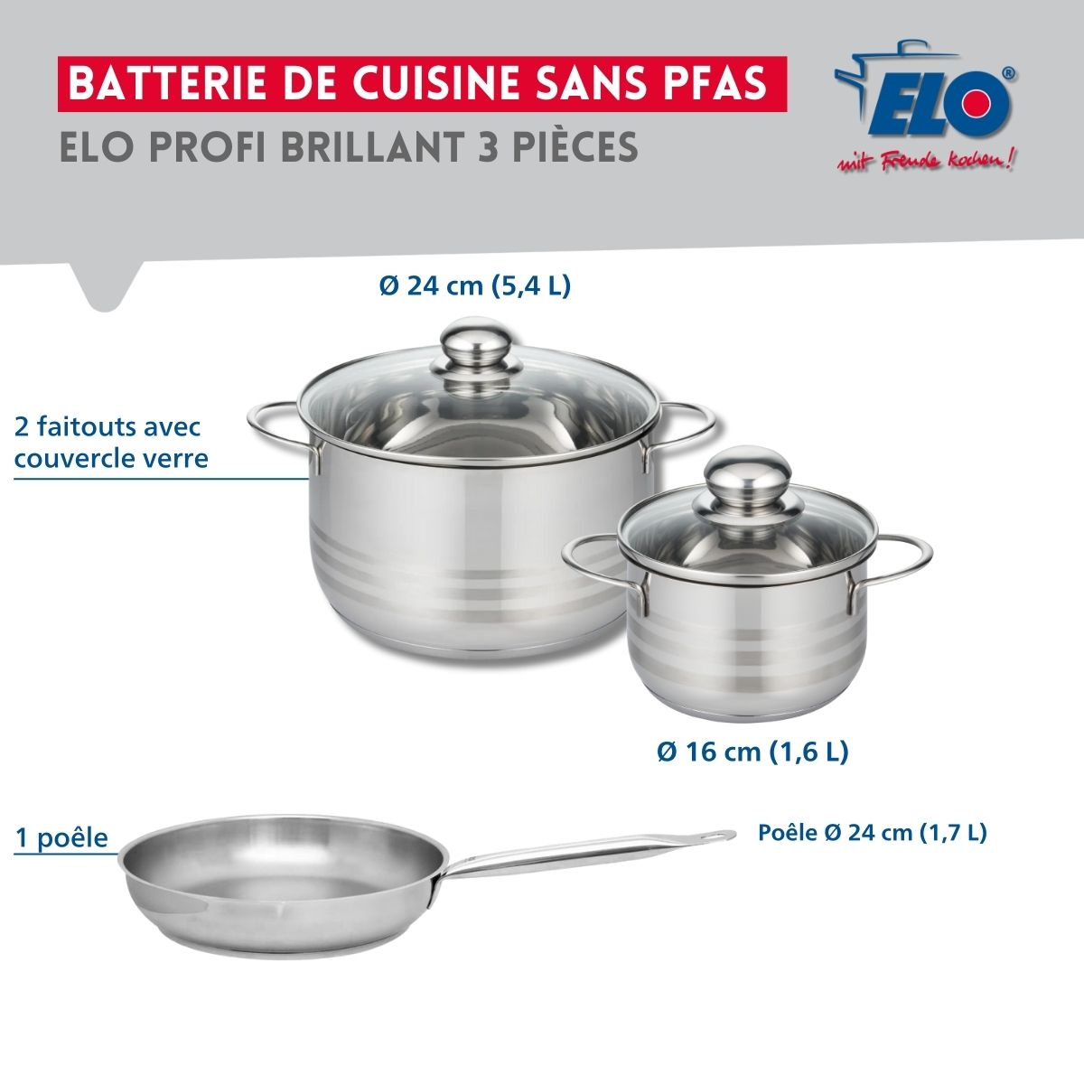 Ensemble de 1 Poêle de cuisson 24 cm et 2 faitouts 16 et 24 cm  Profi Brillant Elo - Mathon - 2