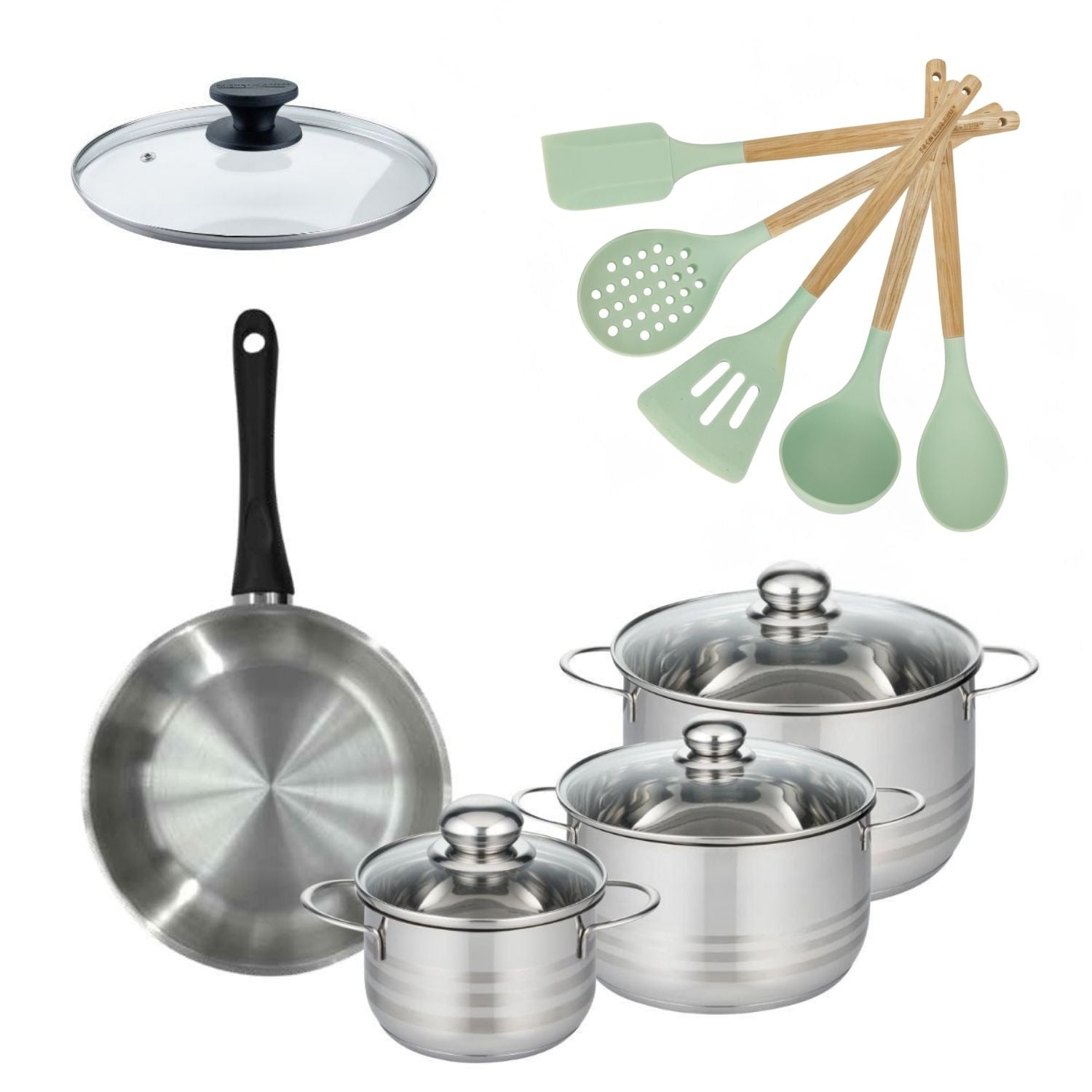 Lot 1 Poêle 24cm avec couvercle  Généva et 3 Faitouts 16/20/24cm avec 5 ustensiles Océan Fackelmann - Mathon - 1