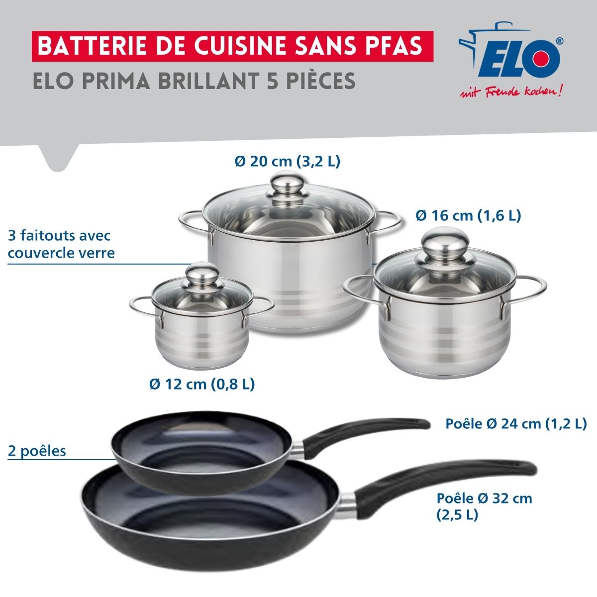 Ensemble de 2 Poêles de cuisson 24 et 32 cm et 3 faitouts 12, 16 et 20 cm  Prima Brillant Elo - Mathon - 2