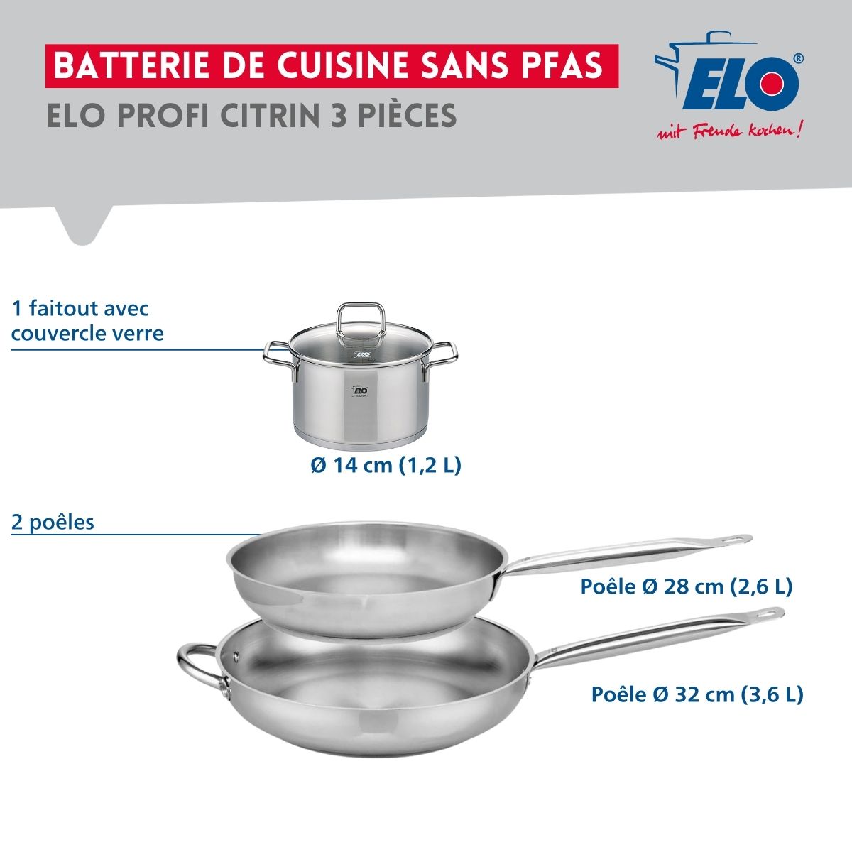 Ensemble de 2 Poêles de cuisson 28 et 32 cm et 1 faitout 14 cm  Profi Citrin Elo - Mathon - 2