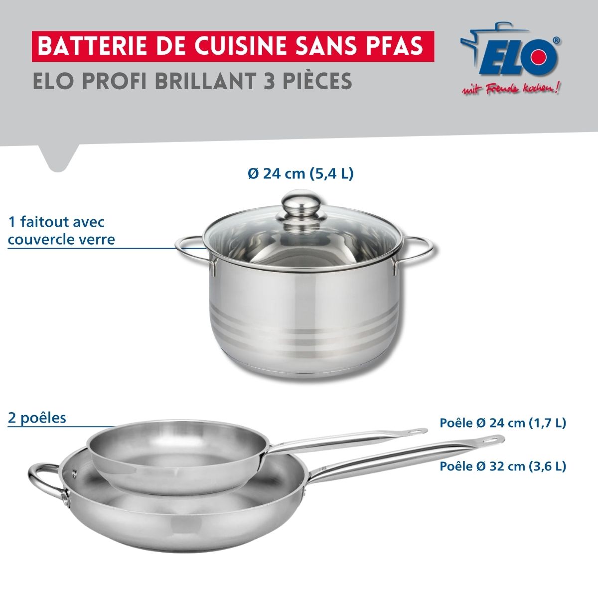 Ensemble de 2 Poêles de cuisson 24 et 32 cm et 1 faitout 24 cm  Profi Brillant Elo - Mathon - 2