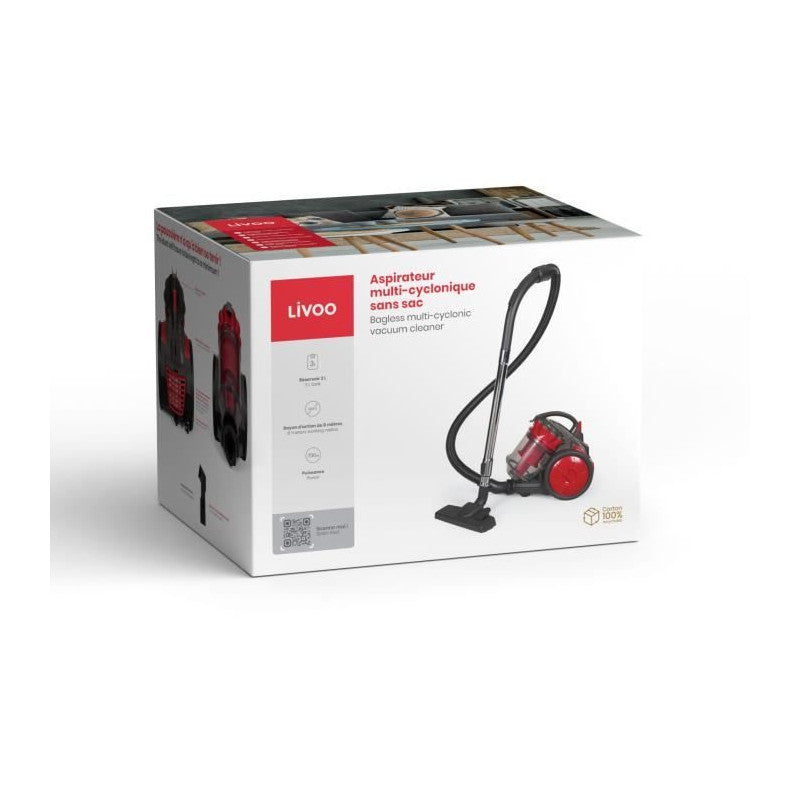 Aspirateur Multi-cyclonique Sans Sac - Livoo - Doh136r - 700 W - 16 Kpa - 78 Db - 3 L - Filtre Lavable - Rouge / Gris Livoo - Mathon - 5