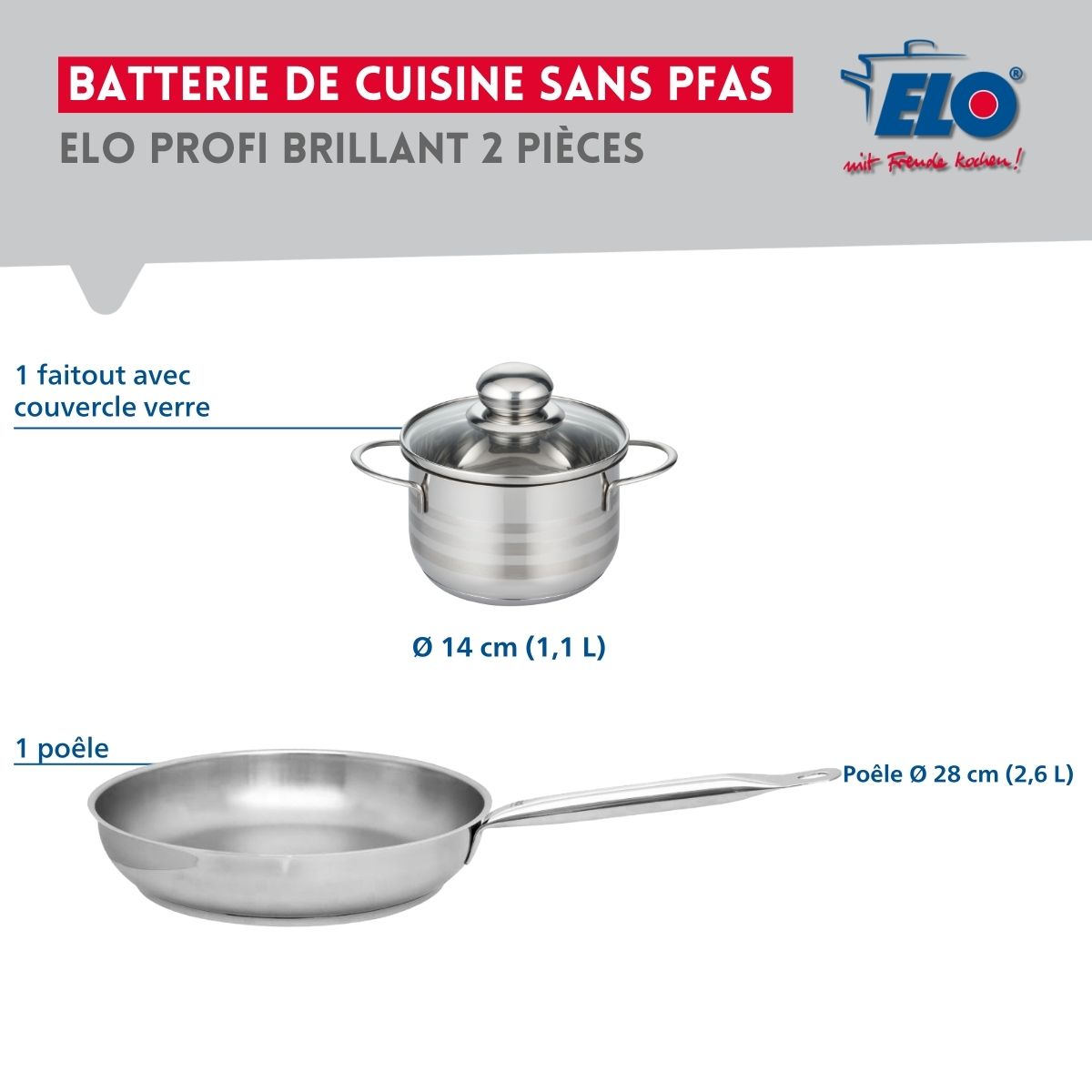 Ensemble de 1 Poêle de cuisson 28 cm et 1 faitout 14 cm  Profi Brillant Elo - Mathon - 2