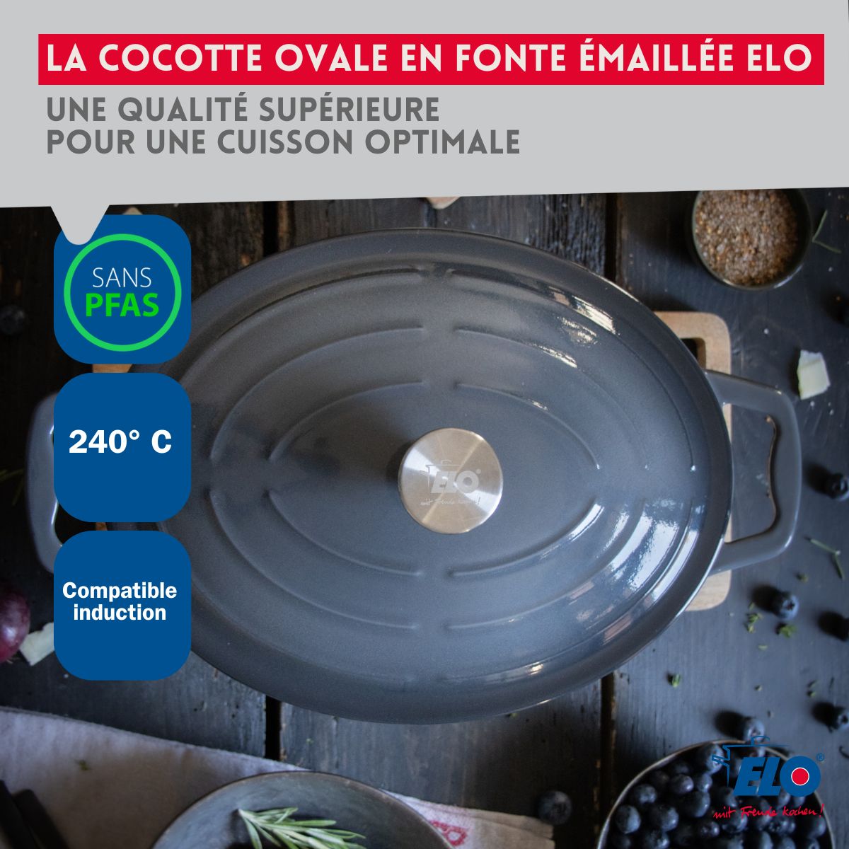 Cocotte ovale en fonte émaillée 33 cm gris classique 5 L Elo - Mathon - 6