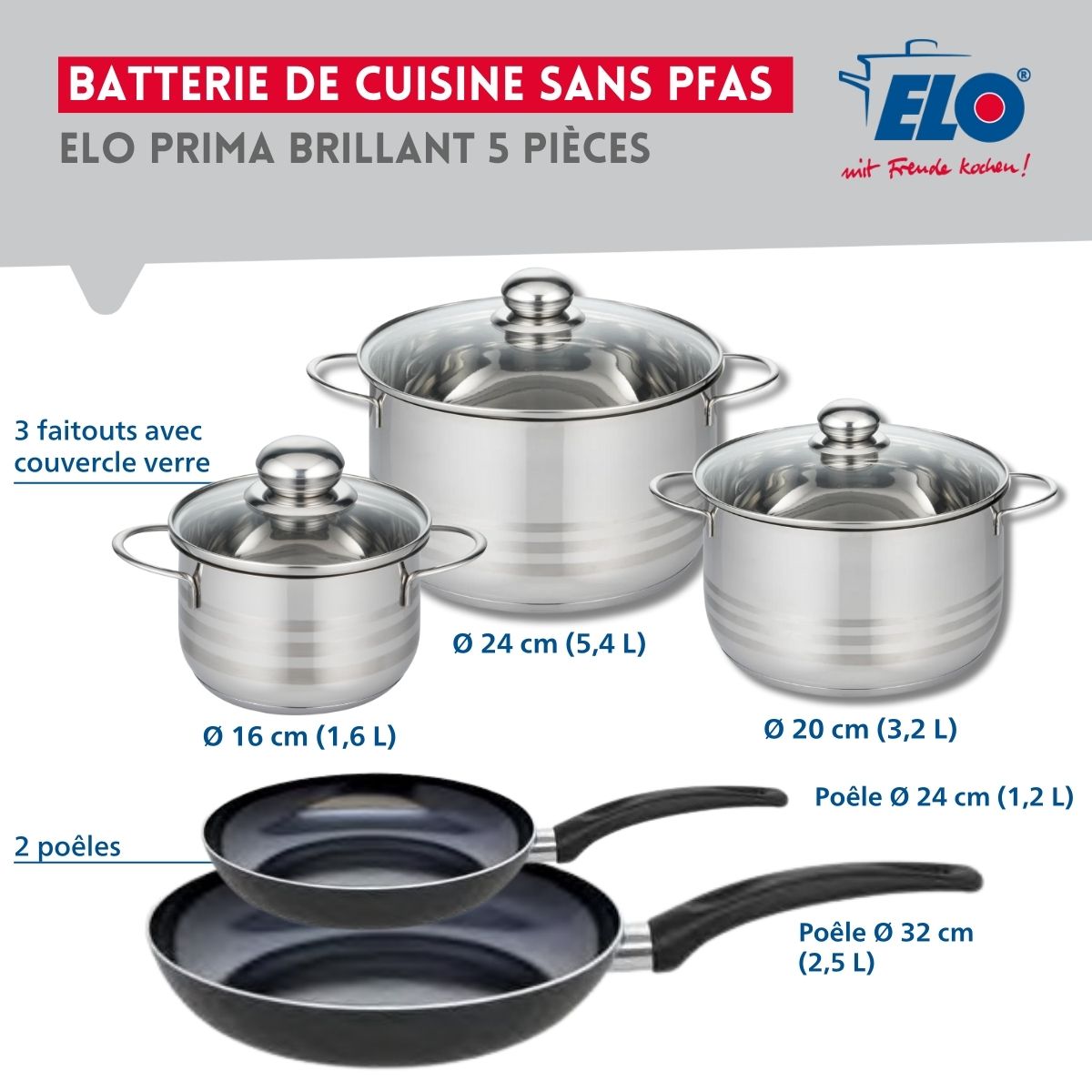 Ensemble de 2 Poêles de cuisson 24 et 32 cm et 3 faitouts 16, 20 et 24 cm  Prima Brillant Elo - Mathon - 2