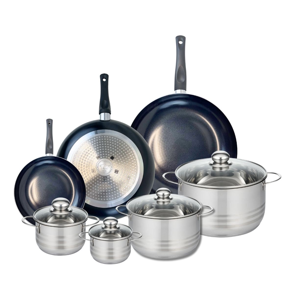 Ensemble de 3 Poêles de cuisson 20, 28 et 32 cm et 4 faitouts 12, 14, 20 et 24 cm  Prima Brillant Elo - Mathon - 1