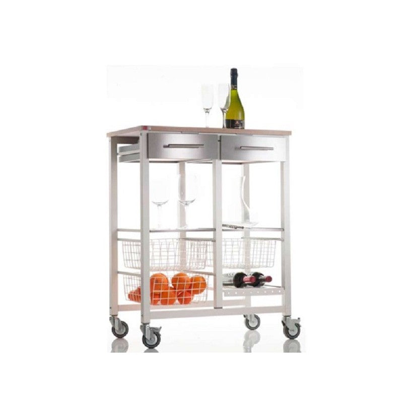 Desserte de cuisine double, Série ONDA DOUBLE, couleurs: Blanc-Inox-Bois d