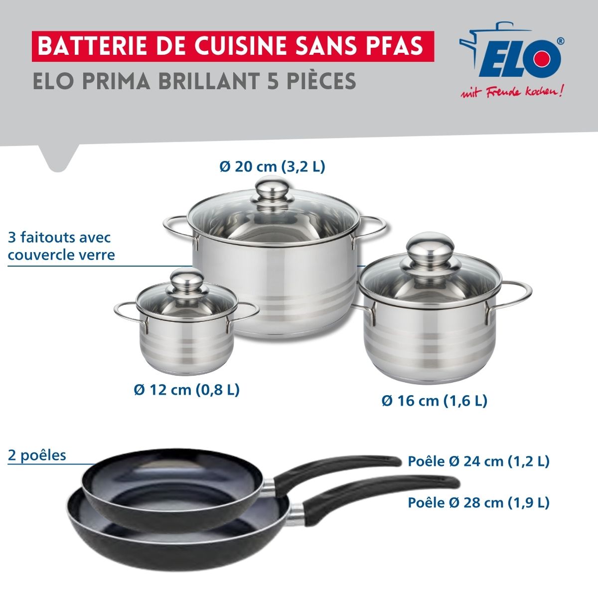 Ensemble de 2 Poêles de cuisson 24 et 28 cm et 3 faitouts 12, 16 et 20 cm  Prima Brillant Elo - Mathon - 2