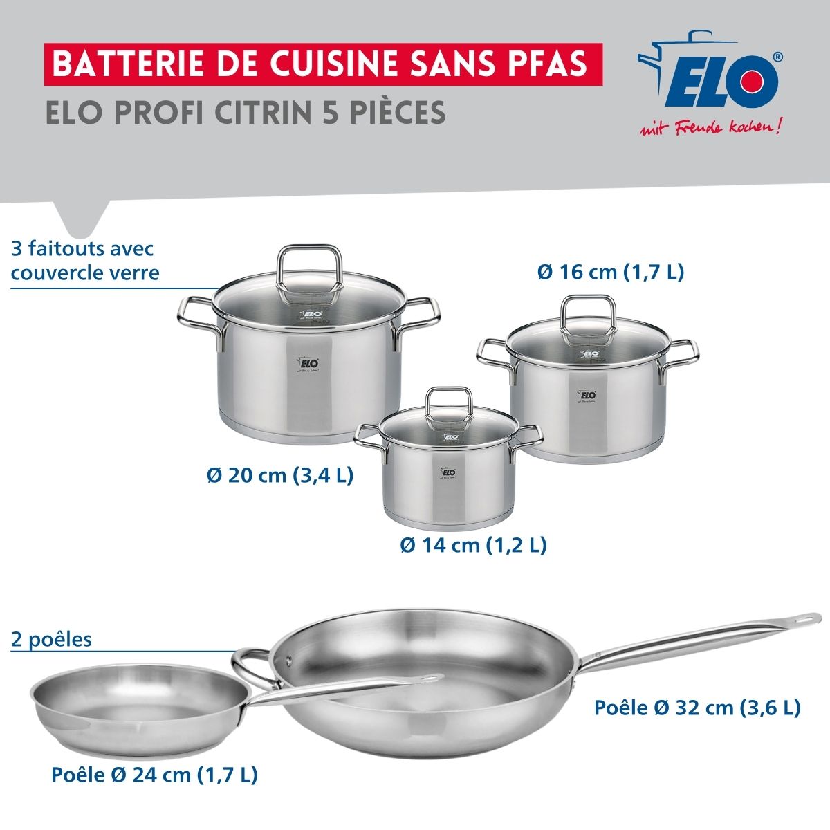 Ensemble de 2 Poêles de cuisson 24 et 32 cm et 3 faitouts 14, 16 et 20 cm  Profi Citrin Elo - Mathon - 2