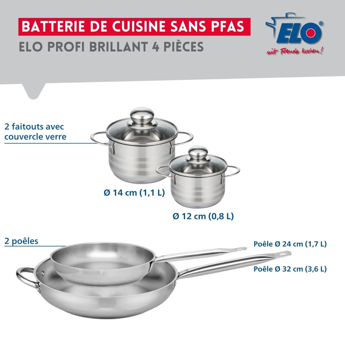 Ensemble de 2 Poêles de cuisson 24 et 32 cm et 2 faitouts 12 et 14 cm  Profi Brillant Elo - Mathon - 2