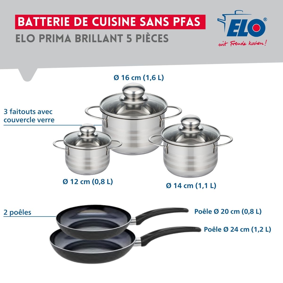 Ensemble de 2 Poêles de cuisson 20 et 24 cm et 3 faitouts 12, 14 et 16 cm  Prima Brillant Elo - Mathon - 2