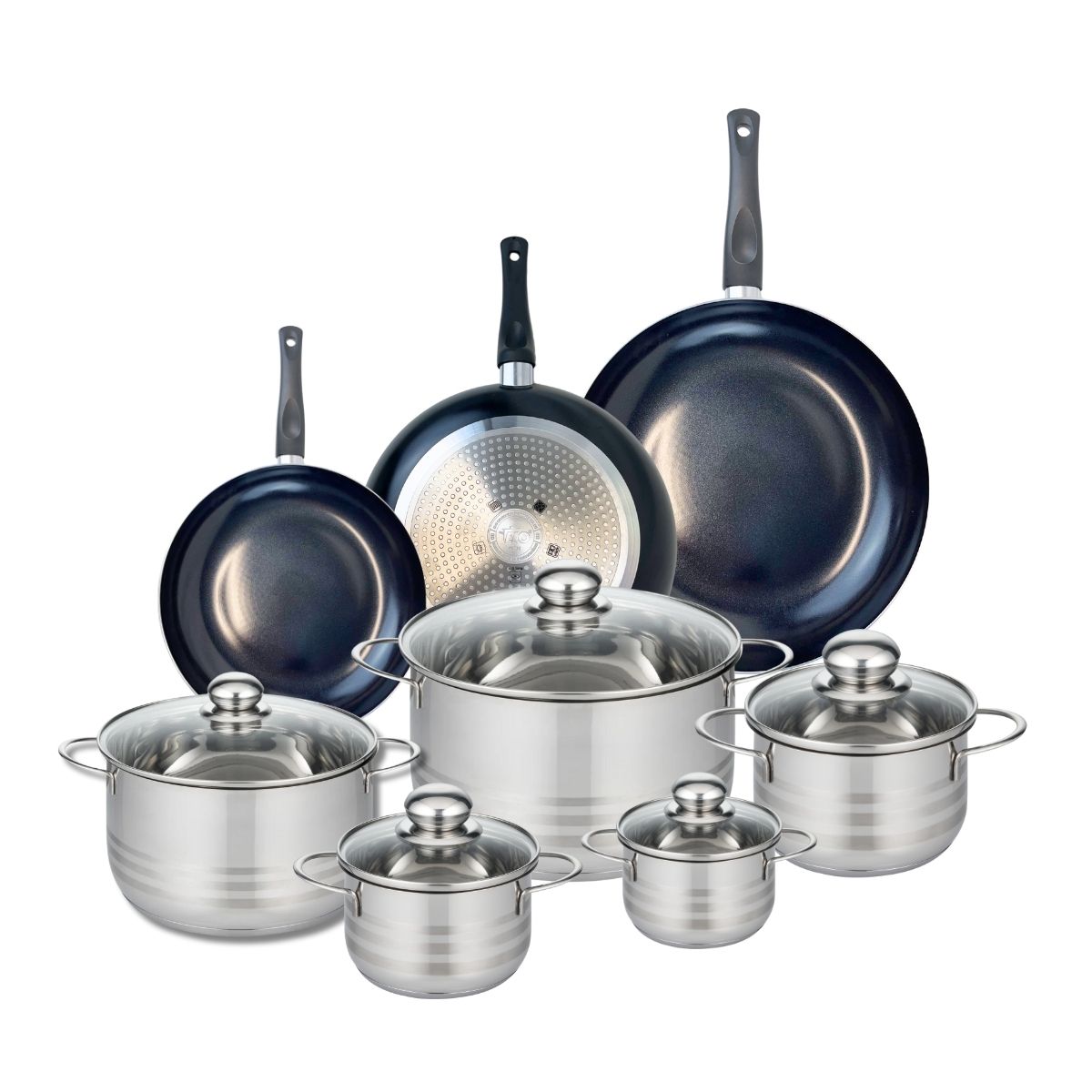 Ensemble de 3 Poêles de cuisson 20, 24 et 28 cm et 5 faitouts 12, 14, 16, 20 et 24 cm  Prima Brillant Elo - Mathon - 1