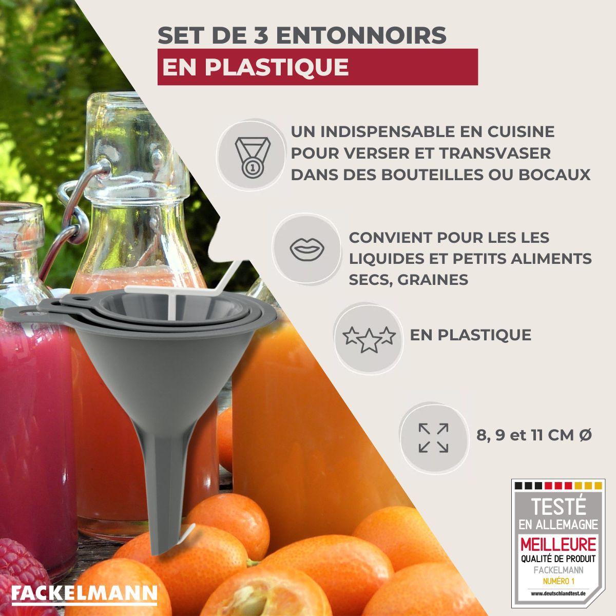 Lot de 3 entonnoirs en plastique 8, 9 et 11 cm Fackelmann - Mathon - 3