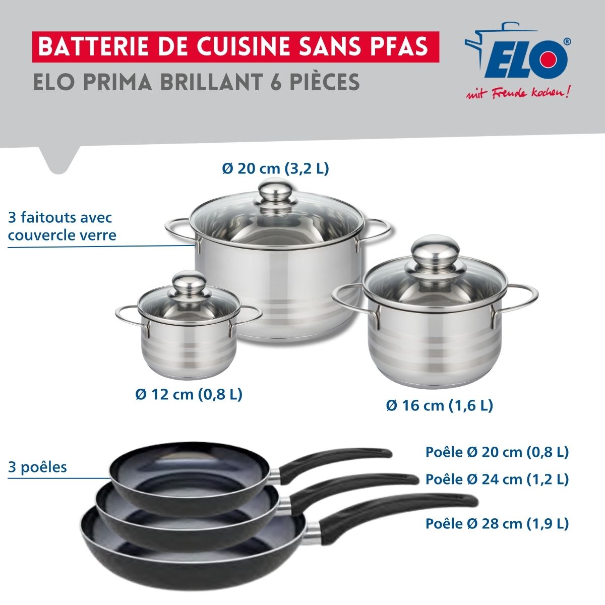Ensemble de 3 Poêles de cuisson 20, 24 et 28 cm et 3 faitouts 12, 16 et 20 cm  Prima Brillant Elo - Mathon - 2