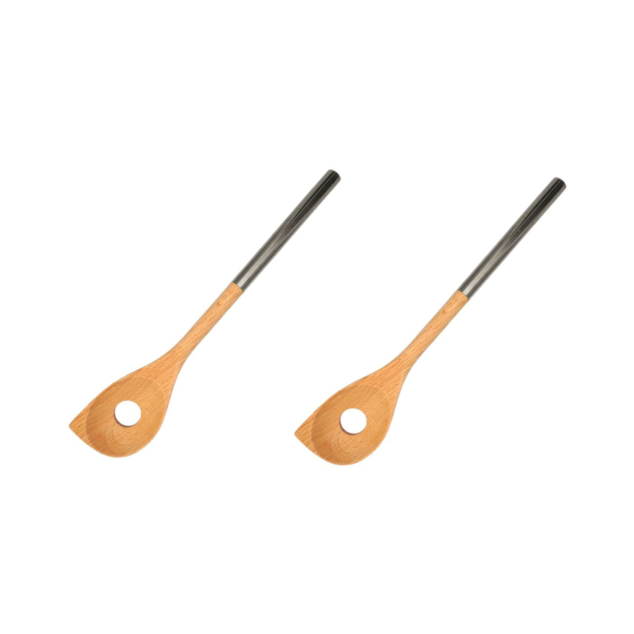 Ensemble de 2 Cuillères en bois biseautée avec un trou manche inox 34 cm  Boissellerie Fackelmann - Mathon - 1