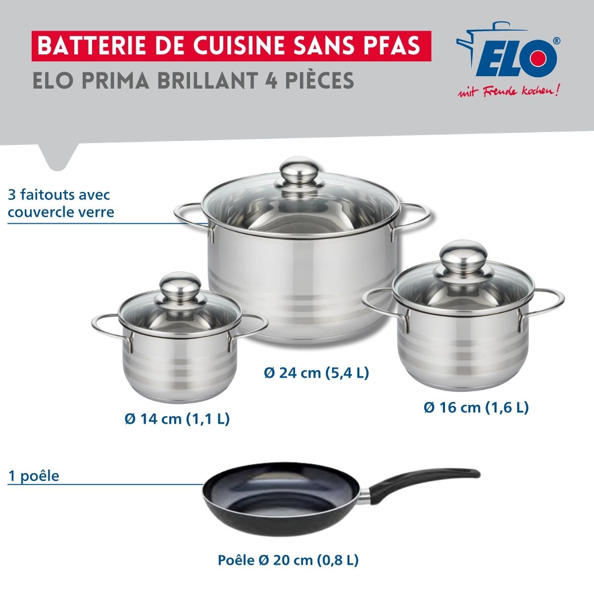 Ensemble de 1 Poêle de cuisson 20 cm et 3 faitouts 14, 16 et 24 cm  Prima Brillant Elo - Mathon - 2