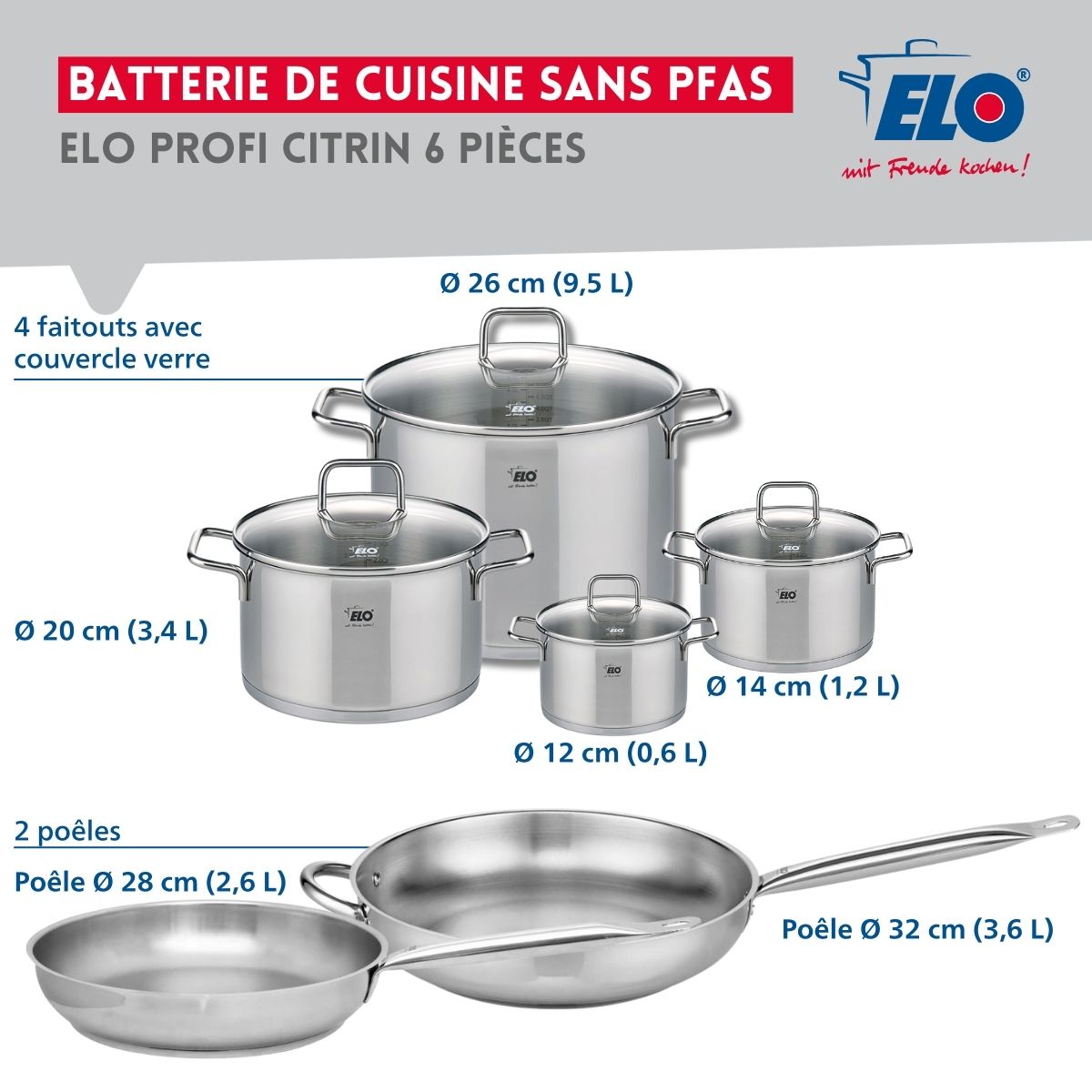 Ensemble de 2 Poêles de cuisson 28 et 32 cm et 4 faitouts 12, 14, 20 et 26 cm  Profi Citrin Elo - Mathon - 2