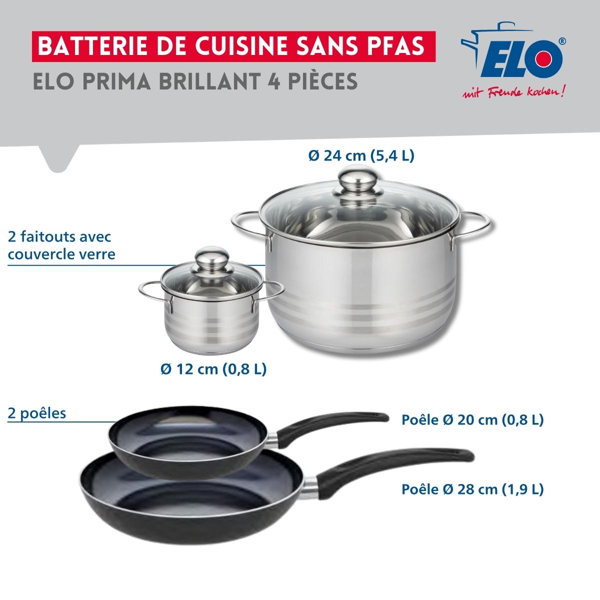 Ensemble de 2 Poêles de cuisson 20 et 28 cm et 2 faitouts 12 et 24 cm  Prima Brillant Elo - Mathon - 2