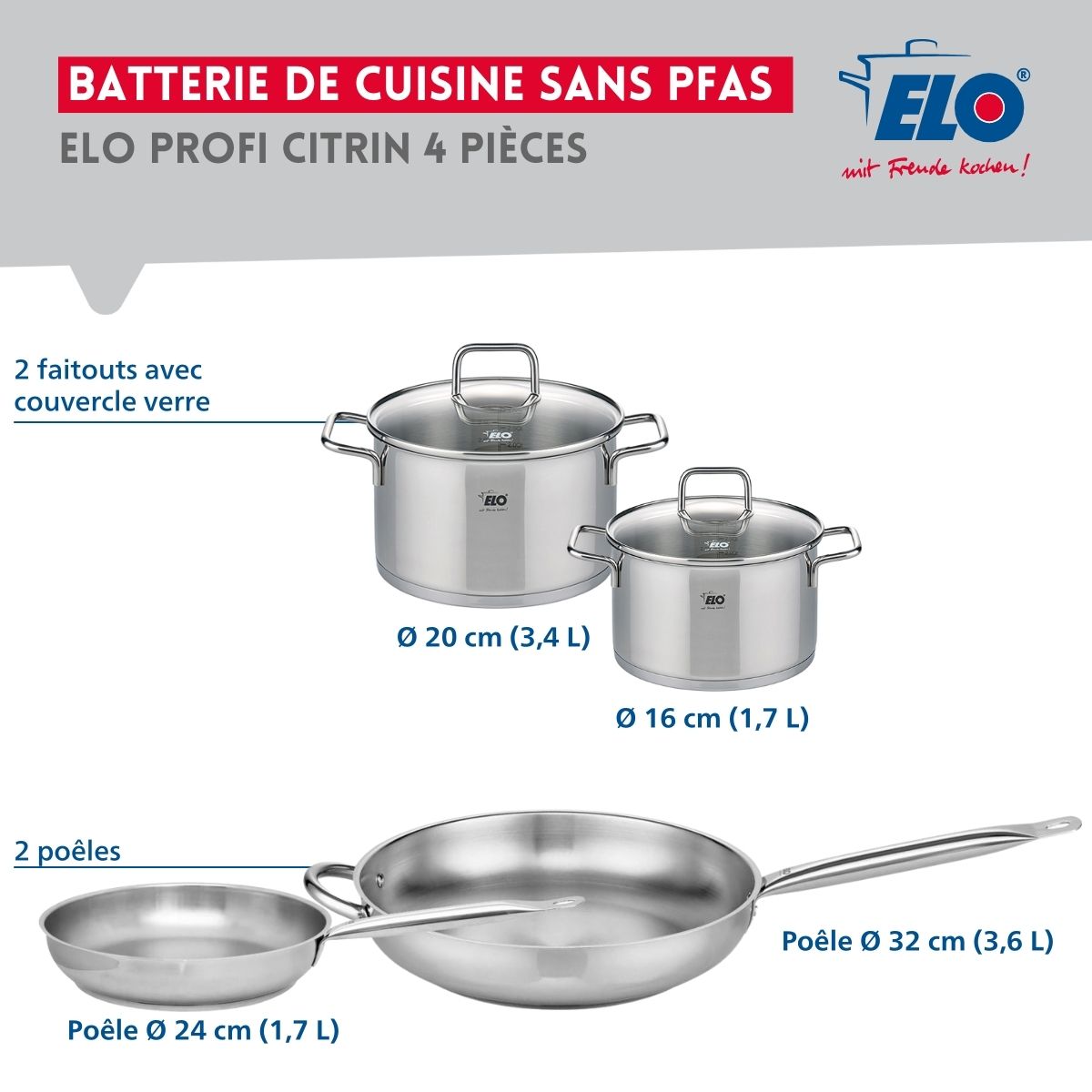 Ensemble de 2 Poêles de cuisson 24 et 32 cm et 2 faitouts 16 et 20 cm  Profi Citrin Elo - Mathon - 2