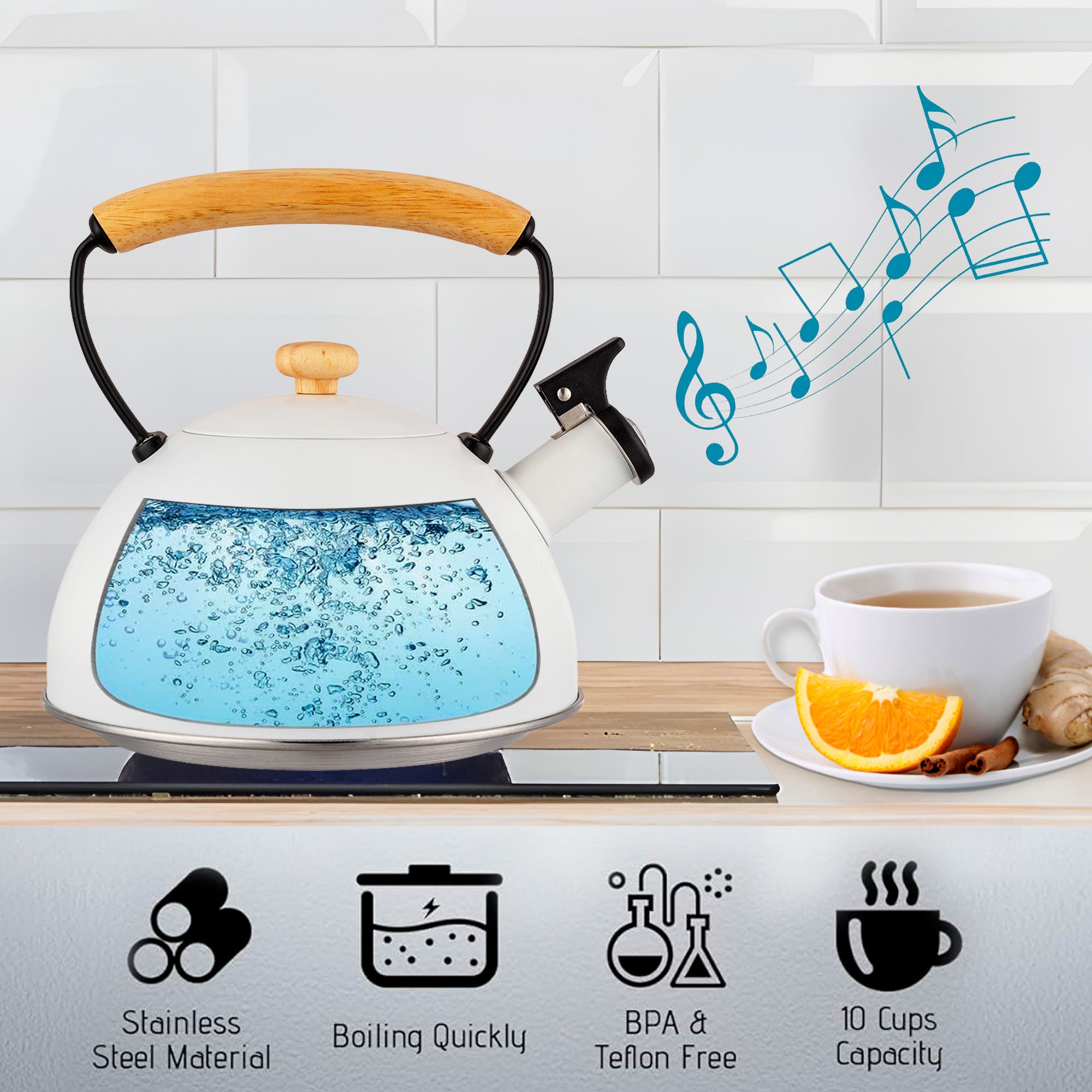 Bouilloire à Induction Théière Sifflet 2,3L  Acier Inox, Poignée en Bois  Blanc Nordic - Mathon - 3