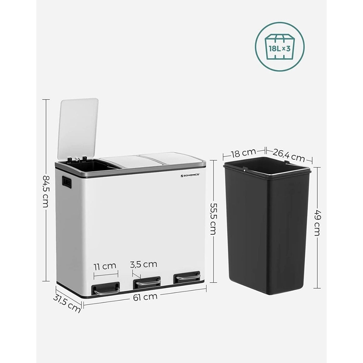 Poubelle de tri 3 bacs de 18L blanche à pédale Calicosy - Mathon - 6