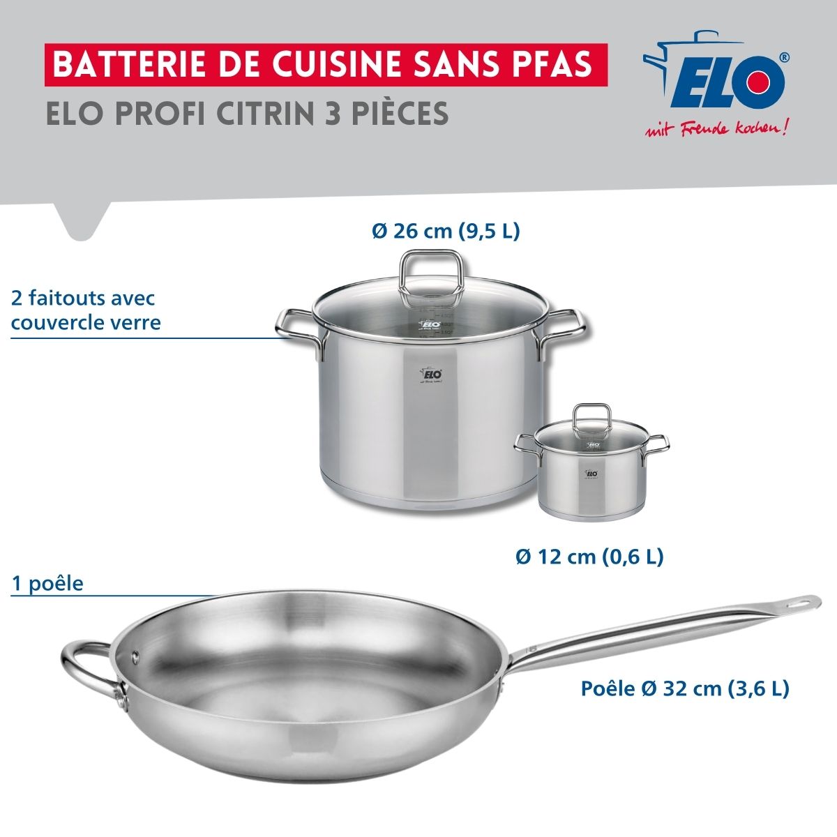 Ensemble de 1 Poêle de cuisson 32 cm et 2 faitouts 12 et 26 cm  Profi Citrin Elo - Mathon - 2